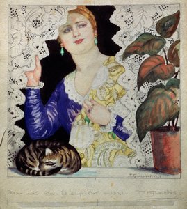 Une femme russe a sa fenetre (Una chica rusa en la ventana). Una mujer rubia y pulcra (vestido, joyas, chal y encanto) descorre la cortina de encaje de su ventana. En la cornisa, una planta verde y un gato ruedan como una bola. Obra de Boris Michaylovich K de Boris Mikhailovich Kustodiev