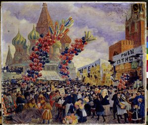 Una feria en la plaza roja del Kremlin en Moscú (Cabinas de exhibición). La multitud se abre paso entre las distintas plataformas comerciales del mercado decoradas con gigantescos racimos de globos. Podemos ver la Catedral de San Basilio en Moscú (San Basi de Boris Mikhailovich Kustodiev