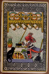 Tarjeta postal que representa a una bruja preparando una poción (grabado en color) de Boske Kardos