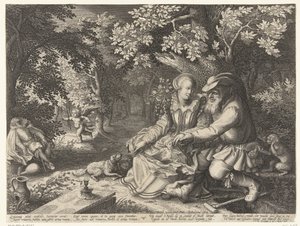 La muerte y Cupido se disparan flechas y el anciano corteja a la joven de Boëtius Adamsz. Bolswert