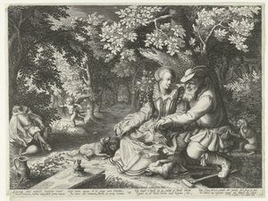La muerte y Cupido se disparan flechas y el anciano corteja a la joven de Boëtius Adamsz. Bolswert