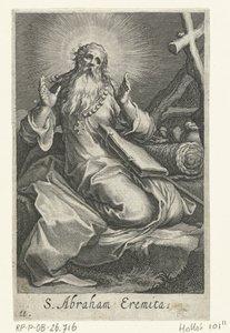 San Abraham de Edesa como ermitaño S. Abraham Eremita (título sobre objeto) Ermitaños (título de la serie) Sacra eremvs ascetarvm (título de la serie) de Boëtius Adamsz. Bolswert