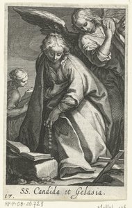 Santa Cándida y Santa Gelasia como ermitañas con ángel SS. Candida et Gelasia (título sobre objeto) Hermitesses (título de la serie) Sacra Eremus Ascetriarum (título de la serie) de Boëtius Adamsz. Bolswert