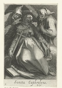 Santa Euphrosina de Alejandría como Hermitess Sancta Euphrosyna (título sobre el objeto) Hermitesses (título de la serie) Sacra Eremus Ascetriarum (título de la serie) de Boëtius Adamsz. Bolswert