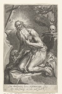 San Jerónimo de Belén como ermitaño Dùm Bethlemiticis latitas (...) tibi tuta facis (título sobre objeto) Ermitaños (título de la serie) Ad sacrum speculum (...) patribus that ales (título de la serie)