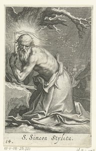 San Simeón Estilita el Viejo como Ermitaño S. Simeon Stylita (título sobre objeto) Ermitaños (título de la serie) Sacra eremvs ascetarvm (título de la serie) de Boëtius Adamsz. Bolswert