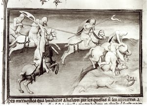 El líder mongol, Hulagu, khan del Ilkhanato persigue a su primo, Berke, khan de la Horda de Oro en 1262, forzándolo a un río, del Libro de las Maravillas del Mundo, c.1410- de Boucicaut Master