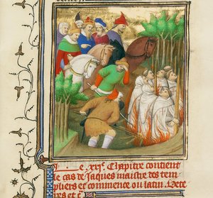 Los Caballeros Templarios quemados en presencia de Felipe el Hermoso y sus cortesanos, ca. 1413-1415 de Boucicaut Master,