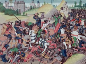 Batalla entre Sarracenos y Cristianos durante las Cruzadas, de Crónicas de los emperadores por David Aubert, 1462
