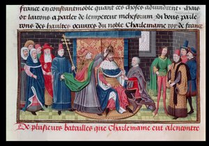 La Coronación del Emperador Carlomagno (747-814) por el Papa San León III (d.816) en la Nochebuena del año 800 d.C., de Crónicas de los Emperadores por David Aubert, 1462 de Brabant School