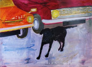 Perro en el lote de autos usados, Rex con coche rojo de Brenda Brin Booker