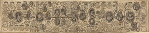 Árbol genealógico con retratos de Enrique VII, Enrique VIII, Isabel, Jacobo y Carlos