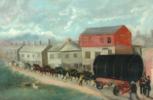 Transporte de una caldera de molino en una carreta de British School