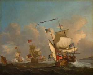Un yate real con una flota poniéndose en marcha con brisa, c.1720 (óleo sobre lienzo) de British School