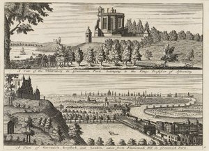 Vista del Observatorio en Greenwich Park... [y] Vista de Deptford y Londres tomada desde Flamsteed Hill en Greenwich Park", c.1750 (grabado)