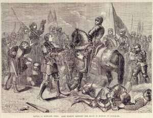 Batalla del campo de Bosworth. Lord Stanley llevando la corona de Ricardo III a Richmond (1485): fin de la Guerra de las Dos Rosas - en "Cassell