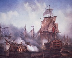 Batalla de Trafalgar en 1805 (litografía en color) de British School