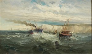 Olas rompiendo en los Acantilados Blancos de Dover ( óleo sobre lienzo) de British School