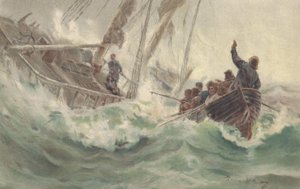 El capitán y su fiel perro se hunden con el barco naufragado, mientras la tripulación escapa (litografía en color) de British School