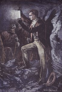 Humphry Davy con la lámpara de seguridad Davy para mineros, inventada en 1815 (grabado en madera coloreado a mano)
