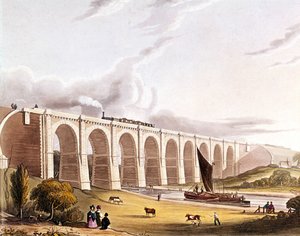 Revolución industrial: vista del viaducto ferroviario que cruza el valle de Sankey. Placa tomada de "Liverpool & Manchester Railway", Londres 1832. de British School