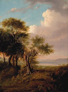 Paisaje, árboles en primer plano, lago y colinas en la distancia (óleo sobre lienzo) de British School