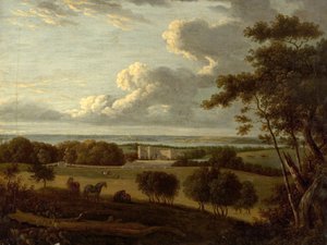 Paisaje cerca de la costa (vista de una mansión con el mar en la distancia) (óleo sobre lienzo) de British School