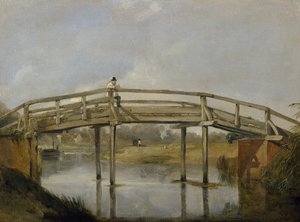 Paisaje con un río y un puente, c. 1830 (óleo sobre lienzo) de British School