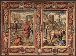 Marzo y Abril: "labores agrícolas y ordeño de vacas" Tapiz de las manufacturas de Mortlake. Siglo XVII Genes, Musei di Strada Nuova