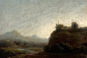 Paisaje montañoso, atardecer (óleo sobre madera) de British School