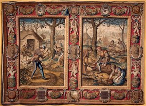 Noviembre y diciembre: "trabajos agrícolas y matanza del cerdo" Tapiz de las manufacturas de Mortlake. Siglo XVII Genes, Musei di Strada Nuova