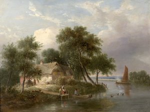 Escena fluvial (cabaña y árboles) (óleo sobre madera) de British School