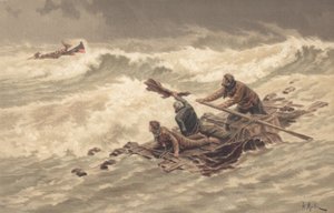 Marineros se aferran a los restos del naufragio en el mar (litografía en color) de British School