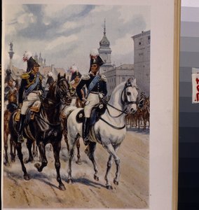 El emperador Alejandro I Pavlovich (1777-1825) con el gran duque Constantin Pavlovich de Rusia (1779-1831). (El emperador ALexandro I con el gran duque Constantino Pavlovich de Rusia). Oeuvre de Bronislaw Gembarzewski (1872-1941), litografía. Art polonais  de Bronislaw Gembarzewski