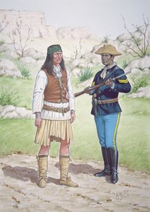 Un guerrero apache chiricahua y un cabo del 10º Regimiento de Caballería de EE.UU. en 1886, de un conjunto de seis cuadros.