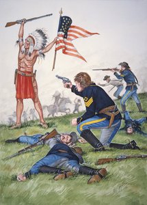 Un guerrero sioux contra el 7º Regimiento de Caballería de EE.UU. en la Batalla de Little Bighorn, 25 de junio de 1876, de un conjunto de seis cuadros.