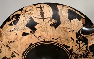 Copa de figuras rojas del ático que representa escenas de la Guerra de Troya, c.490 a.C. (cerámica) (detalle)