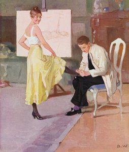 Artista admirando el pie de su modelo (litografía en color)