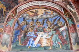 Bulgaria, Monasterio de Rila, fresco de un ángel en la iglesia de la Natividad de la Virgen de Bulgarian School