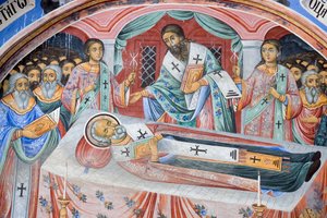 Bulgaria, Monasterio de Rila, fresco funerario en la iglesia de la Natividad de la Virgen de Bulgarian School