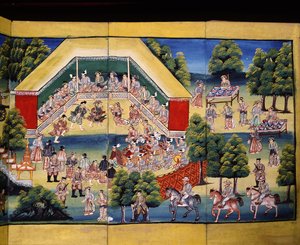 Escena de hacer méritos, página de un manuscrito de Burmese School