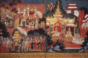 O 14297 fol.6-7 El nacimiento del futuro Buda, c.1800-20 (gouache sobre papel) de Burmese School