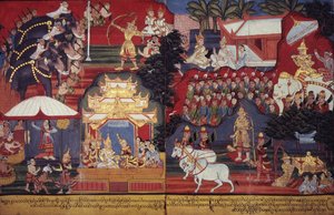 O 14297 fol.8-9 The Future Buddha Grows Up, c.1800-20 (gouache sobre papel) de Burmese School