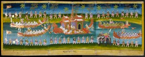 Imagen de Parabaik, que muestra un festival real en el agua, procesión de barcazas reales, Or 16761, f. 35r (libro plegable de papel) de Burmese School