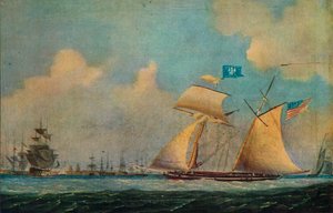 Un bergantín corsario americano y otros barcos cerca de un puerto, c. 1815 de Burton