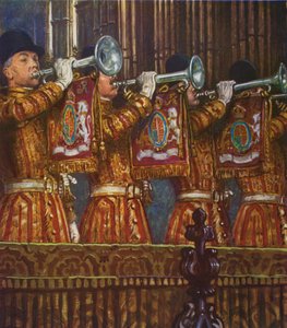 Trompetistas de la Caballería Real tocando una fanfarria