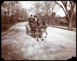 Anna Held y Florenz Ziegfeld conduciendo un carruaje tirado por caballos, Nueva York, 1904