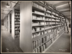 Vista interior de una sala de almacenamiento químico en Parke, Davis y Co., químicos, Hudson y Vestry Streets, Nueva York, 1910 de Byron Company