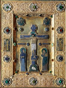 Arte bizantino: Evangeliario de oro y esmalte decorado con hojas de oro repujadas con filigrana crucifijo que representa a la Virgen y San Juan. Siglo XII-XIII. Venecia, tesoro de San Marcos