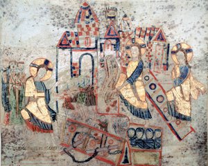 Arte bizantino: Representación del Salvador Cristo derribando las puertas del Inframundo, aplastando a Satanás y liberando almas. Miniatura de Exultet del comienzo del siglo XI. Museo Diocesano, Gaeta